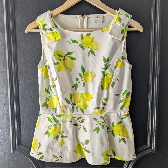 kate spade new york Tops - Kate Spade NY Lemon Print Peplum Top White Yellow Bows Structured Preppy Sz 2‎
